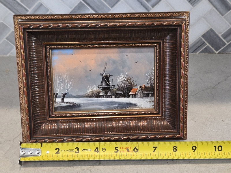 VTG Dutch Windmill winter landscape painting gallery