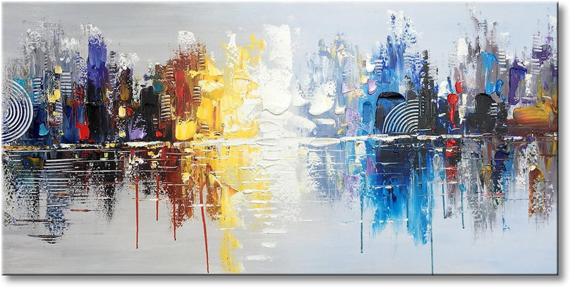 Hand Painted Cityscape Modern Oil Painting on Canvas Reflection Abstract Wall Ar gallery