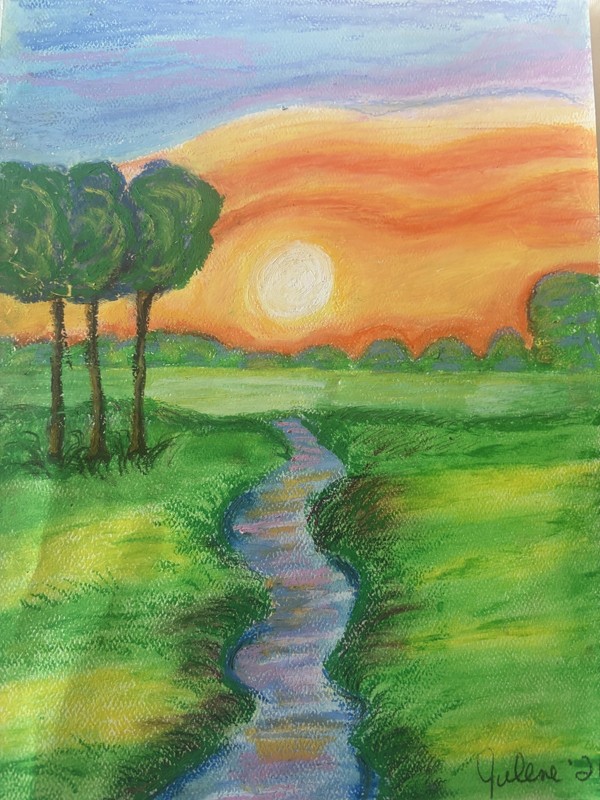 Radiant Drift – Original Signed Impressionist Oil Pastel Sunset Landscape