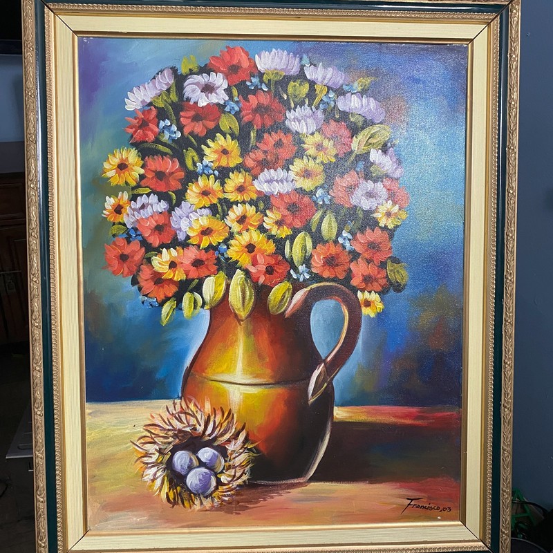 Signed VINTAGE MID CENTURY AMERICAN IMPRESSIONIST OIL PAINTING STILL LIFE 33×27