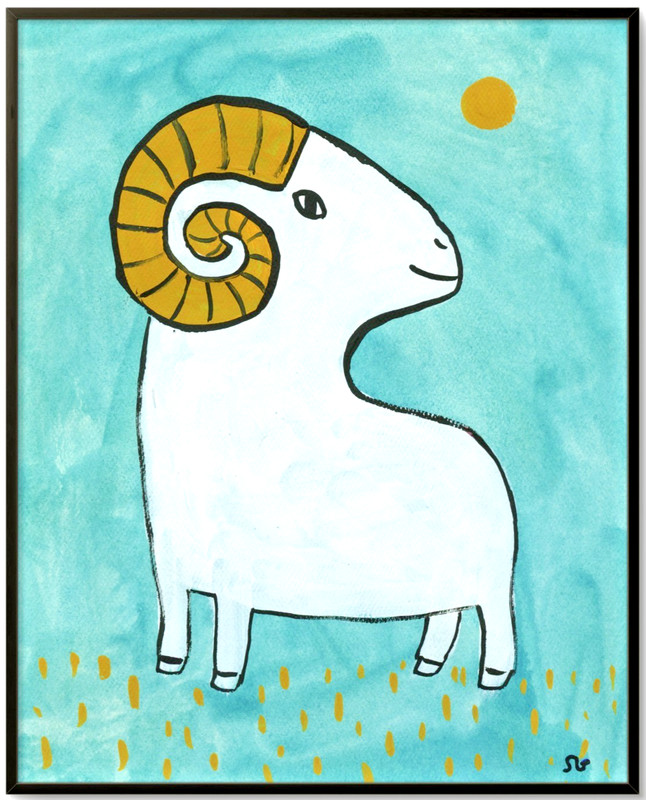 Aries Ram Zodiac Painting, Whimsical Astrology Art 8x10