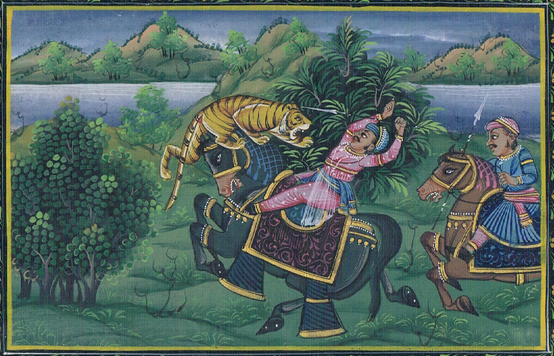 Mughal Indian Miniature Painting Of Hunting scene Tiger On Marble Plate 6x4" gallery