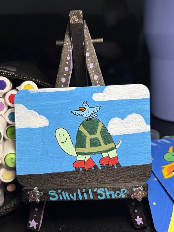 ACEO Original Acrylic Art Card By Sillylilshop Turtle And Bird Skates