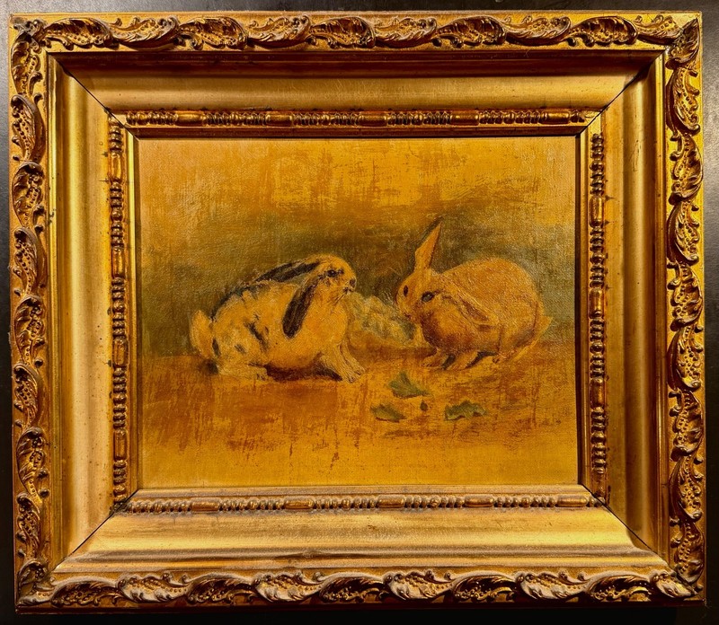 1880’s-90’s Antique Oil Painting Rabbits with Gold Gilt Frame – Rabbit, Bunny