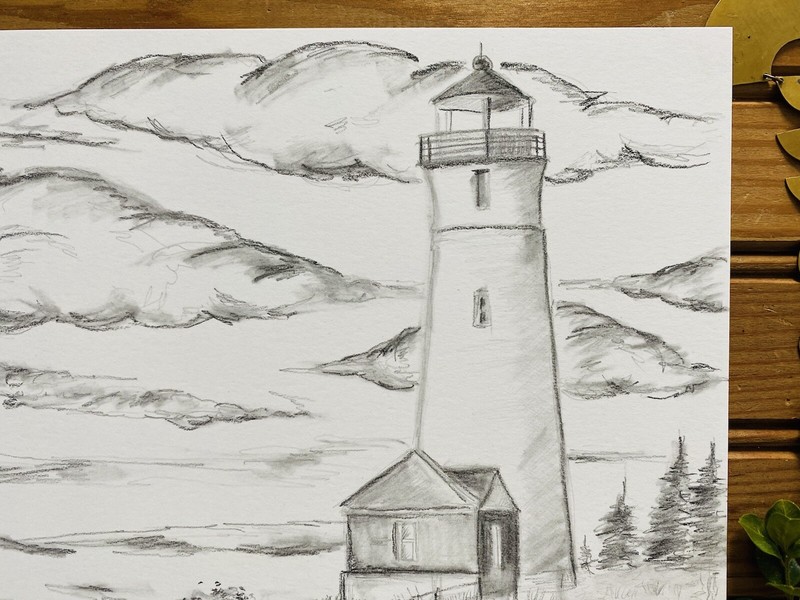 Original Drawing Paper Charcoal Pencil Pen Crisp Point Lighthouse Modern Art gallery