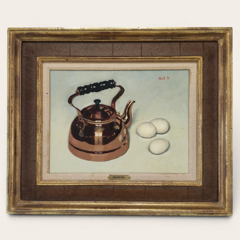 Gregory Hull Still Life Oil Painting on Canvas Copper Tea Kettle with Eggs