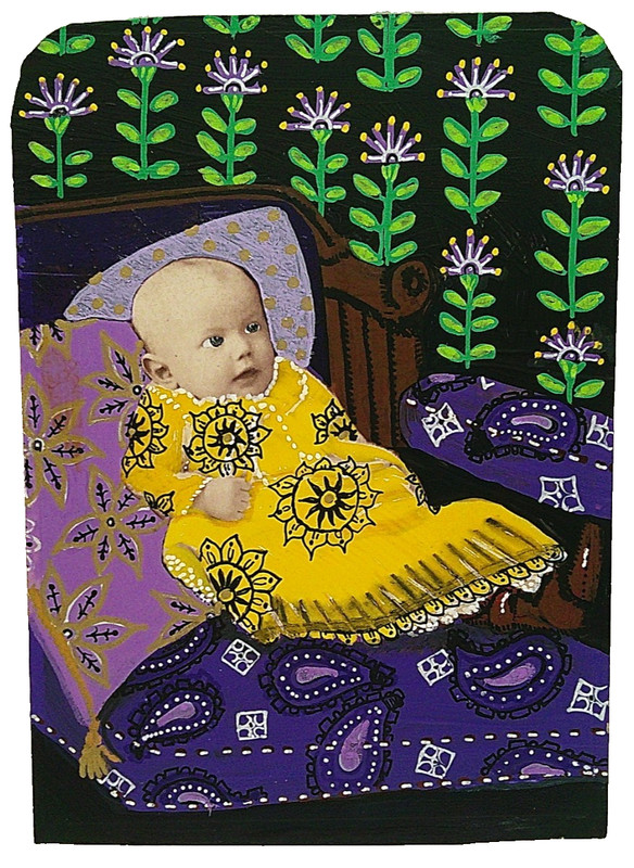 Patterns Stimulate Babies Brains Original Painting Naive Folk Art Vintage 4.25×6