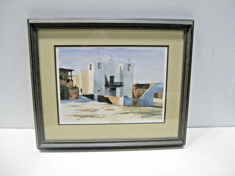 Original Signed Watercolor Painting New Mexico Pueblo Church