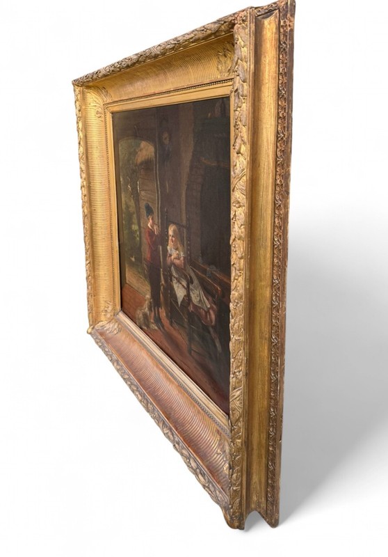 Antique 19th Century Oil Painting – Smoking in Secret in a Rustic Interior gallery