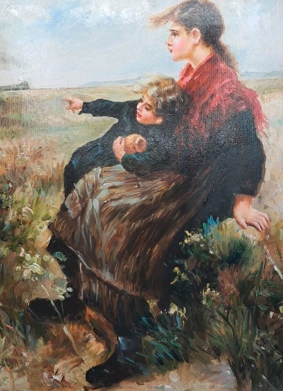 MQ1759 Hand-Painted Oil Painting Mother and Little Girl Countryside Canvas Art