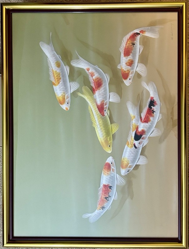 Large Koi Fish Hand-Painted on Silk Painting Signed Ho. Sabrina Framed 42×32