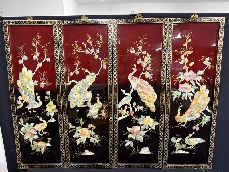 Vintage Beautiful Chinese Lacquer Wall Panels Peacocks Mother Of Pearl Art