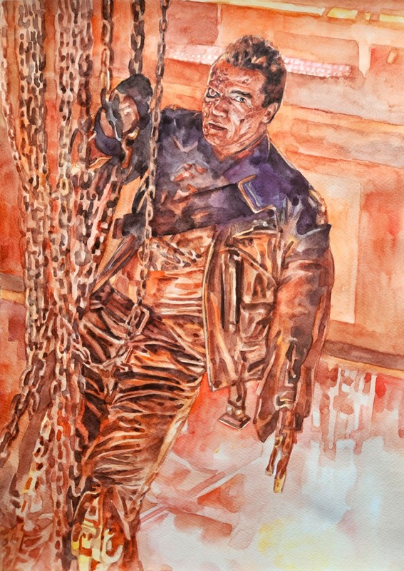11.69 × 16.53″ Arnold Schwarzenegger ~Terminator 2~ watercolor SIGNED by artist