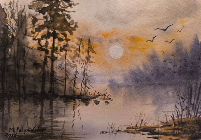 BERD FOGGY FOREST WILDLIFE Original Artwork Painting Landscape Bob Ross Style A5