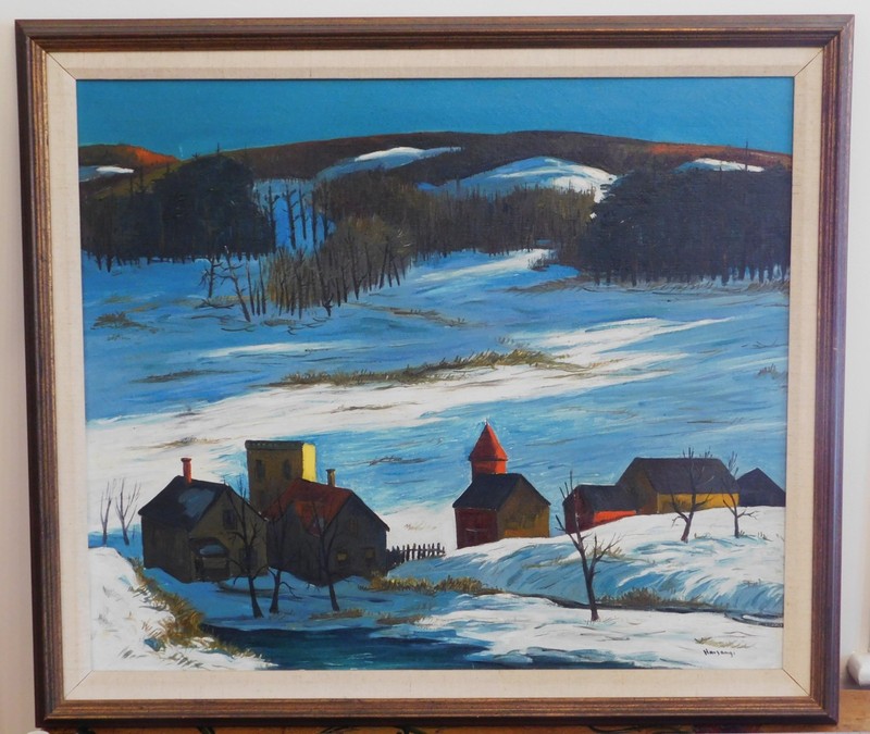 Charles Harsanyi Original Oil Painting Winter Village Landscape Scene Signed