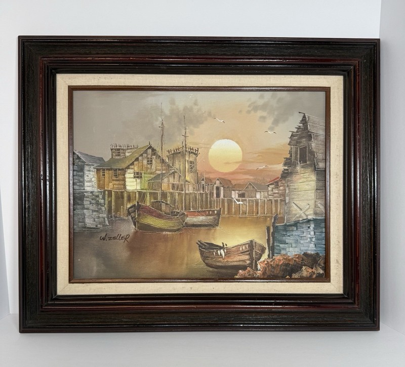 Coastal fishing town oil painting of sunset signed W. Zeller 22″X18″ Framed