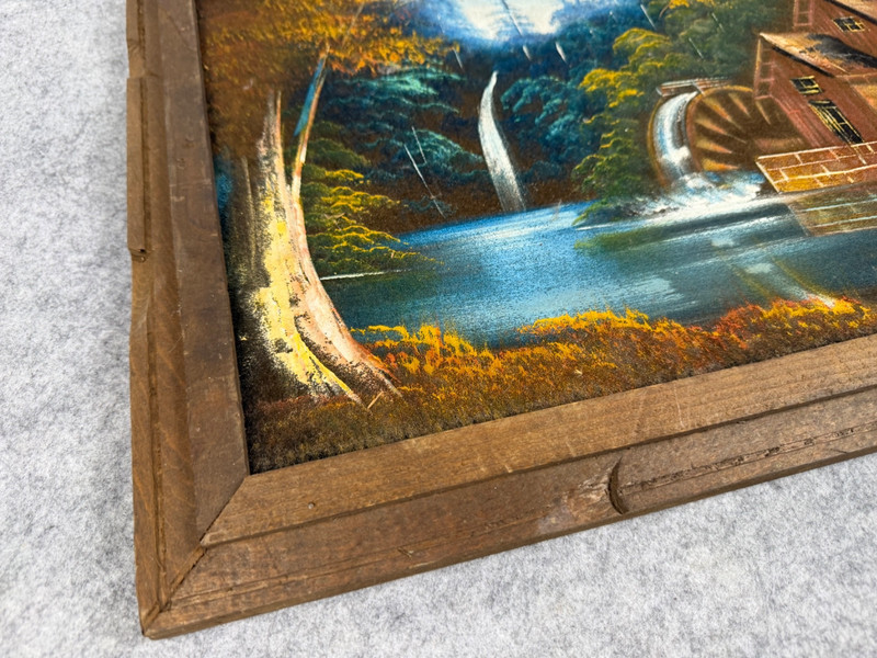 VTG Framed Landscape Painting Watermill Cabin River Waterfall Rustic Wall Art gallery