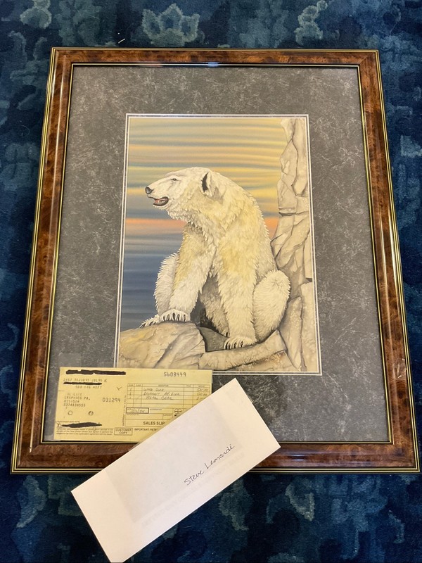 Original Signed Framed With Glass Steve Leonardi Watercolor Painting Polar Bear