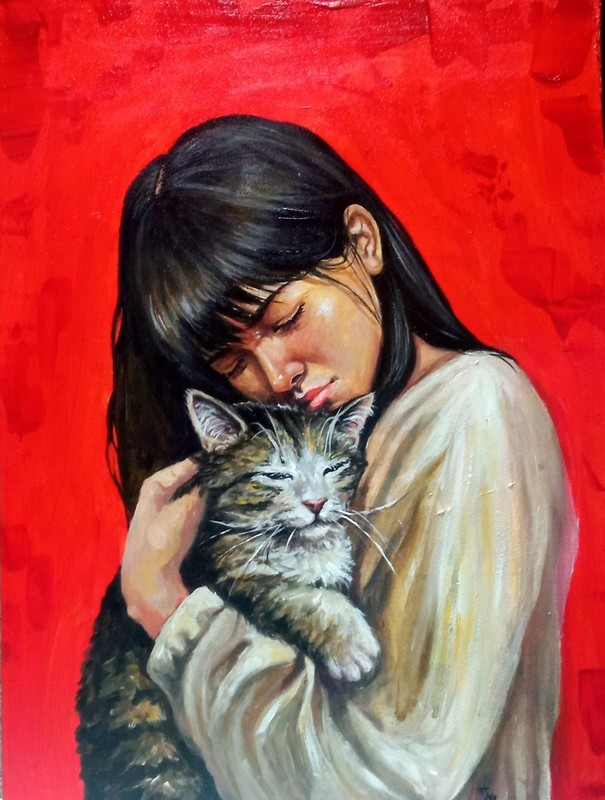Original Painting Girl with Cat, Handmade Portrait Art, Cat Lover Gift, Ukraine