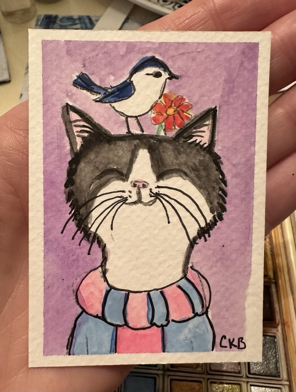 ACEO Original Watercolor Tuxedo Cat With Bird On Head Signed 2.5 X3.5