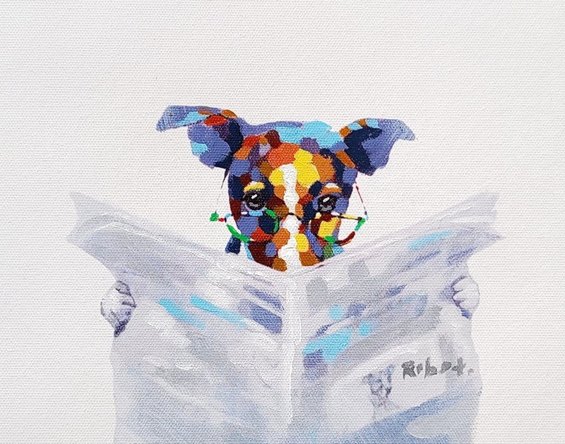 Dog with Newspaper , 8×10, Hand painted on Giclee Canvas, Canvas-only