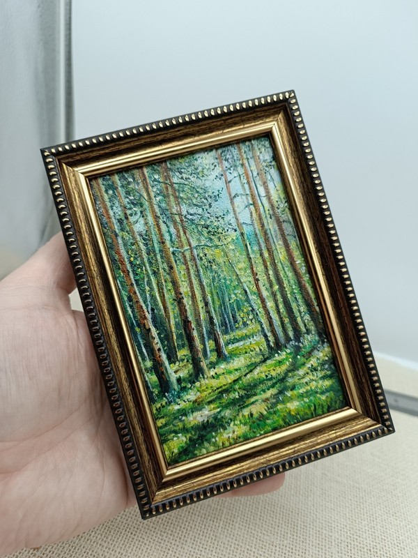 Birch Forest Original Oil Painting 4x6 Framed Signed Sunlit Landscape Path Art gallery