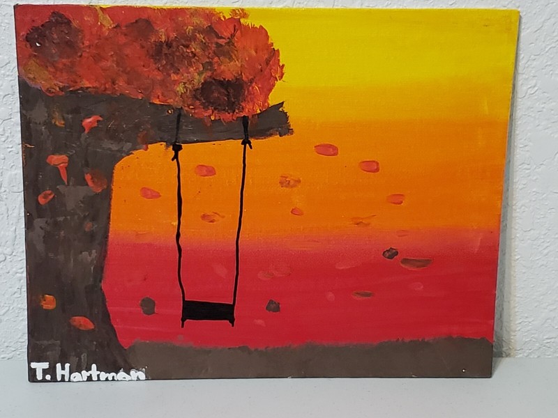 Swinging on a Lonely Fall Tree with Leaves Falling Acrylic Painting Red Orange 