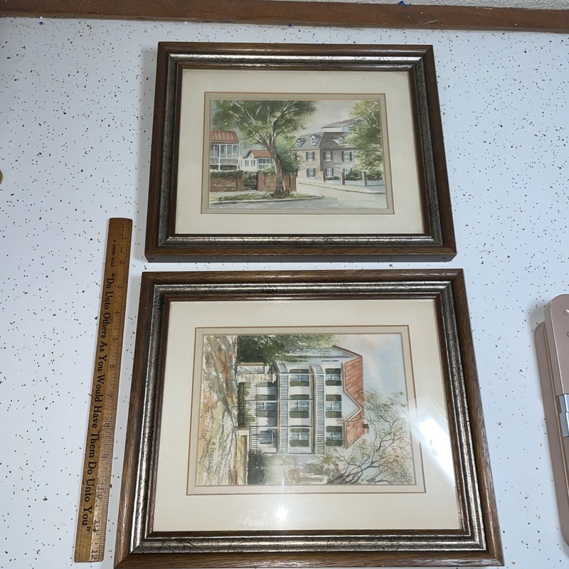 Pair Of M. Lawrence Signed Street Scene Watercolor 1980 Houses Buildings Framed