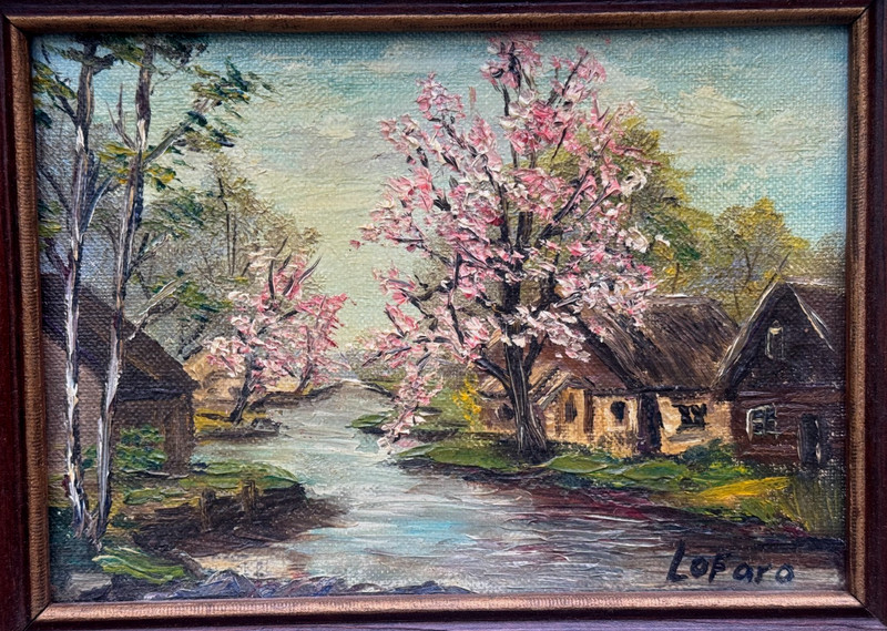 LOFARO SIGNED VINTAGE OIL PAINTING RIVER LANDSCAPE HOUSES FLORAL SPRING BLOSSOMS