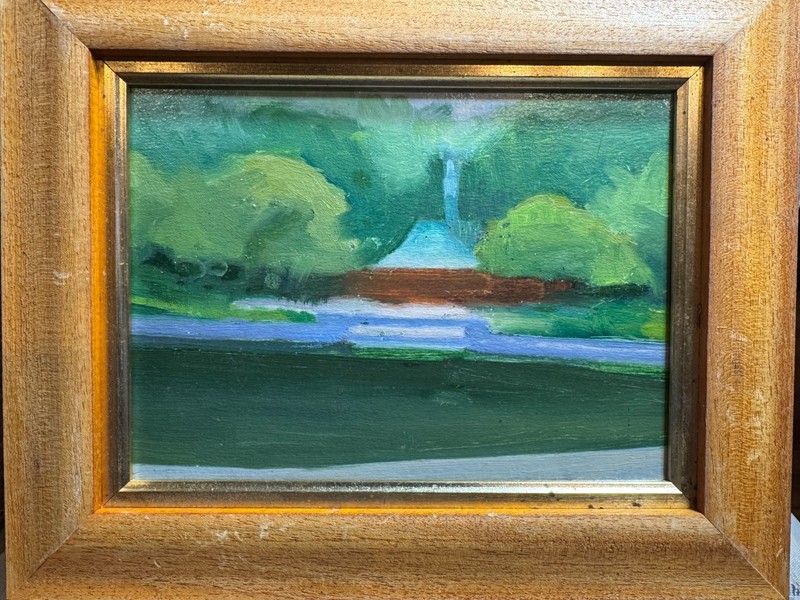 Mark Trezza Attrib NYC Oil Painting Fountain Garden Landscape Gold Frame 12×10