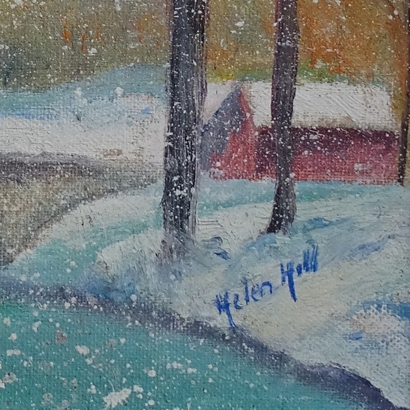 Vintage Naive Winter Landscape Oil Painting Snow Day with Ice Skaters 13.5x11.5 gallery