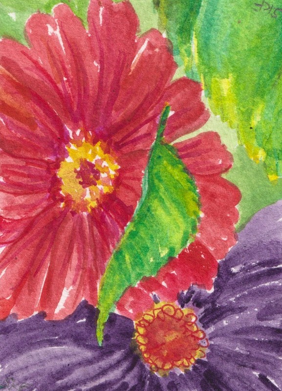 Original ACEO Colorful Zinnias Watercolor Painting art by Sharon Foster