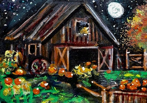 ACEO Original PAINTING Summer Fall Night BARN Pumpkin FARM Landscape ATC ART