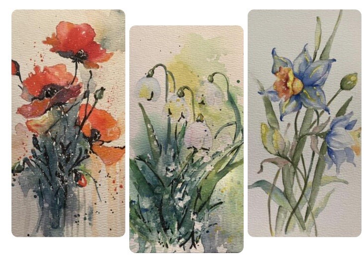 3pcs Bundle Flowers Original Painting.Paper.7×5 Inches Each.Signed.Free Shipping