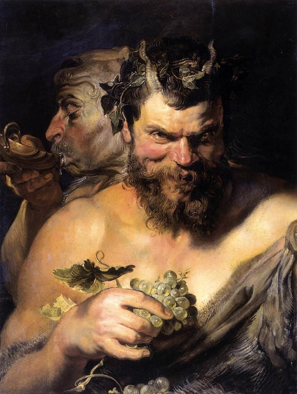 Wonderful oil painting Peter Paul Rubens – Two Satyrs with grape drinking wine