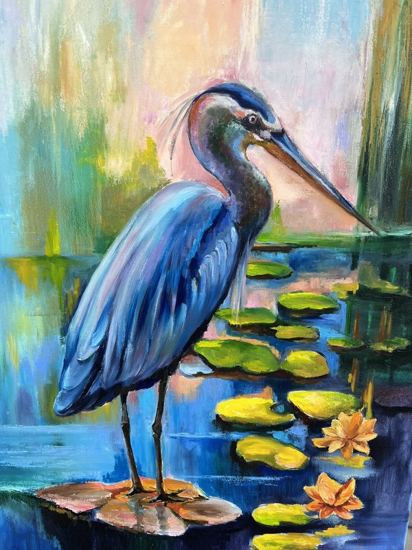 Original painting oil, 20x30 inch, Heron with Lilies, Wall Art Decor, Home Gift gallery