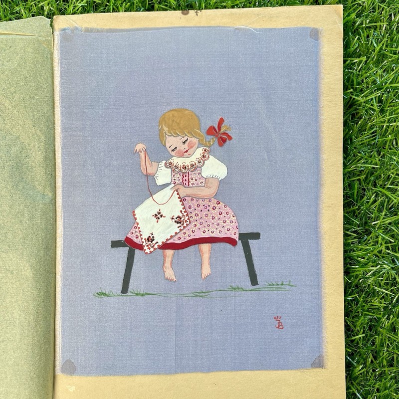 Vtg 1937 Painting on Silk Textile Art – German Bavarian Alpine Italy Child Girl