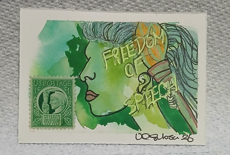 1¢ Freedom of Speech Postal Whimsy OOAK ACEO Watercolor Scribble by Virginia