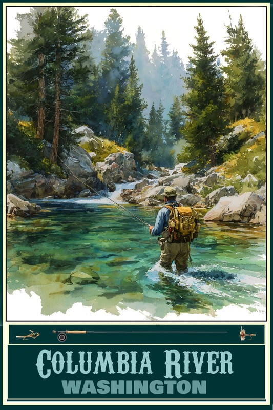 Columbia River Washington Fishing Travel Poster Prints Framed Or Canvas Art gallery