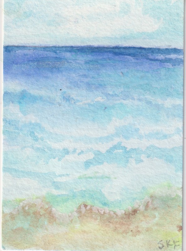 Original ACEO art Seascape, Ocean, Beach View, Waves, Vertical, Sharon Foster gallery