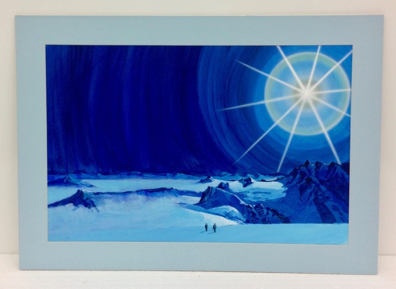Original 16×25″ Dark Blue Arctic Ice Expedition Mountain & Solar Scene Painting