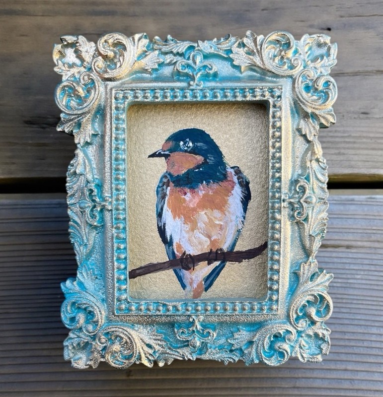 ORIGINAL Barn Swallow acrylic mini bird painting in vintage style ornate frame