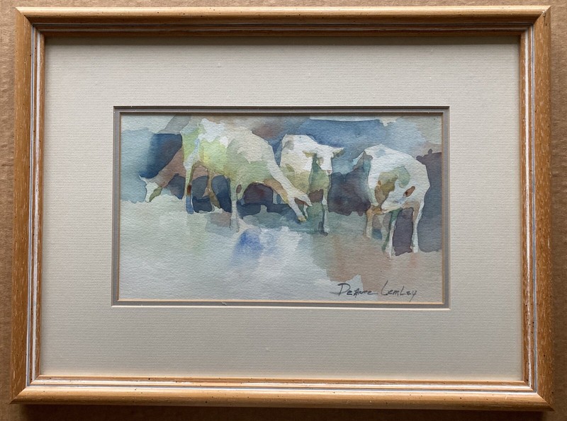 Vintage Signed Deanne Lemley Watercolor – Calves in Springtime – Frame 14”x18”