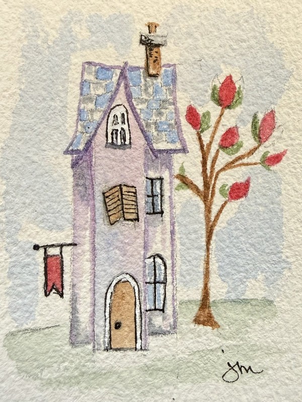 ACEO Watercolor Painting House with Red Banner @butikify – Jeanne Marie #107