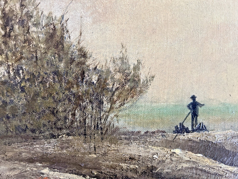 19thC Antique HUDSON RIVER SCHOOL NAIVE STYLE LANDSCAPE PAINTING FIGURE, BOAT gallery