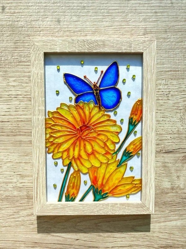 Stained glass painting Miniature Chrysanthemums and butterfly Original wall art