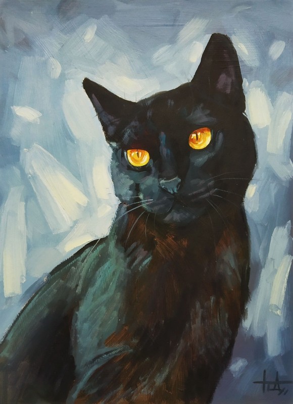 Original Handmade Oil Painting Portrait of Black Cat 11×8 inches