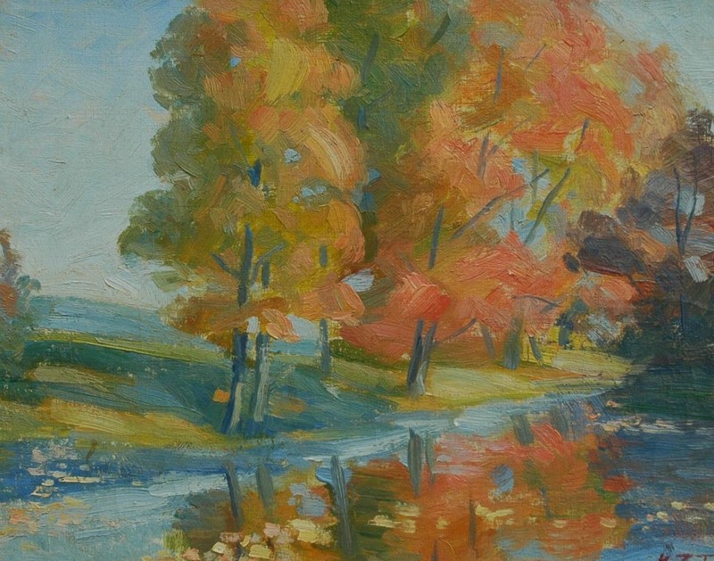Lovely 1933 Antique Oil on Board Autumn Landscape – Monogrammed V. Z. T.