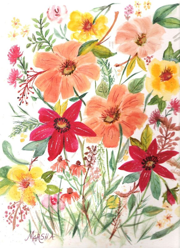 ART WATERCOLOR PAINTING FLORAL COUNTRY MEADOW FLOWERS ORANGE RED YELLOW GREEN WO