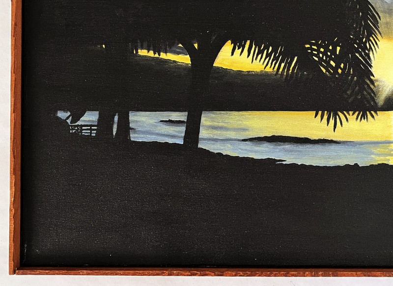 VTG 1980s CALIFORNIA OCEAN BEACH DRAMATIC SUNSET PALMS TROPICAL PAINTING SIGNED gallery